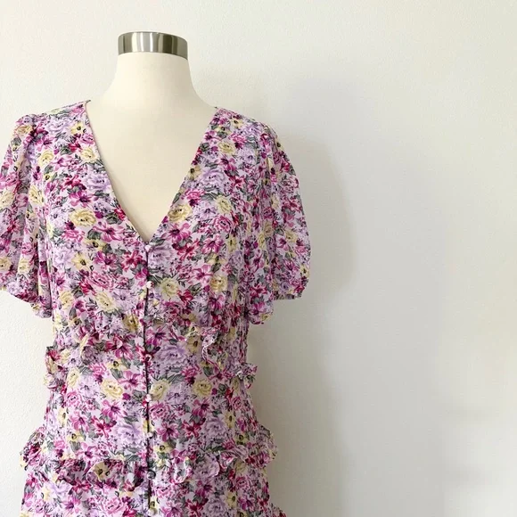 Astr Priscilla Floral Tiered Ruffle Button Front Midi Dress Large L - Picture 3 of 7